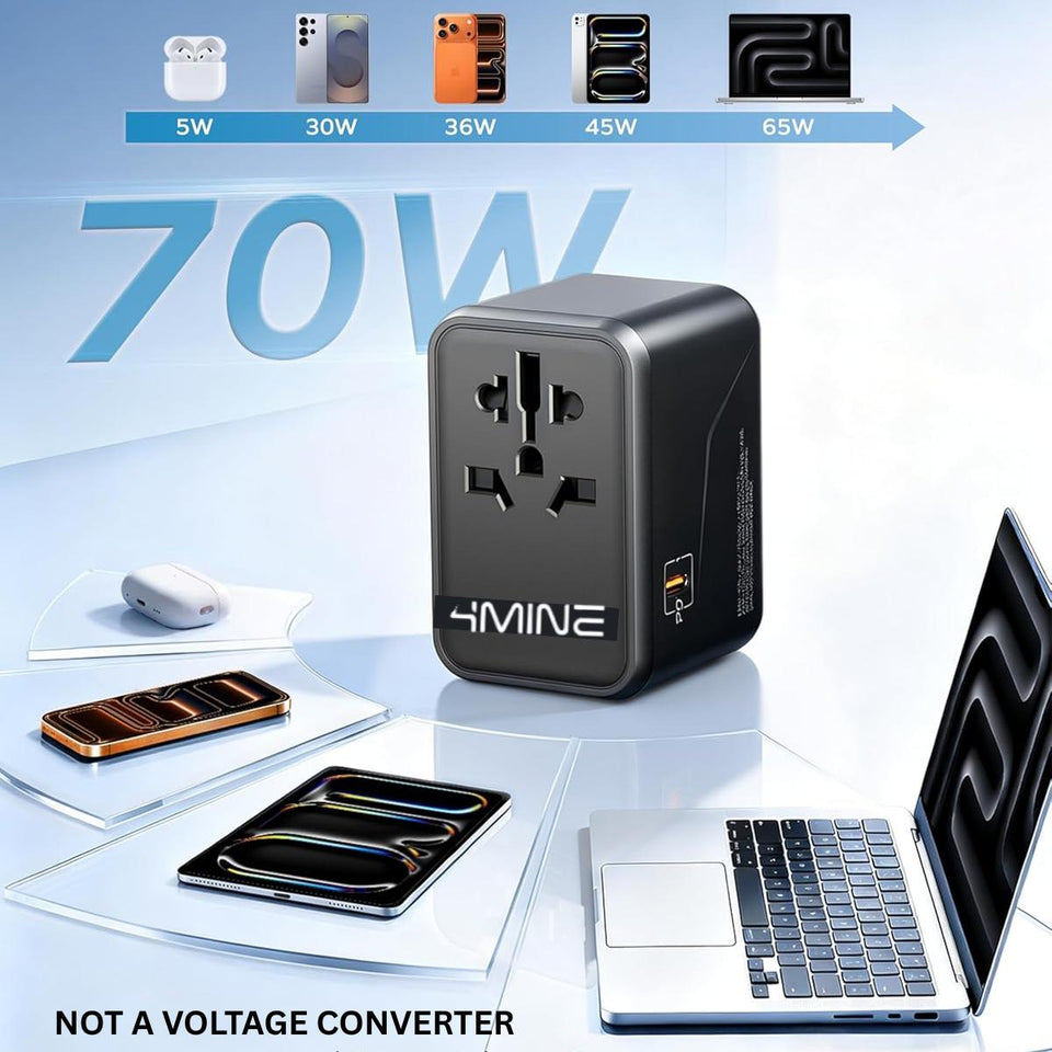 70W GaN Universal Travel Adapter Worldwide Plug | Fast USB-C PD Charger | UK EU US AU International Travel Adaptor | 3 USB-C & USB-A | Charge 5 Devices